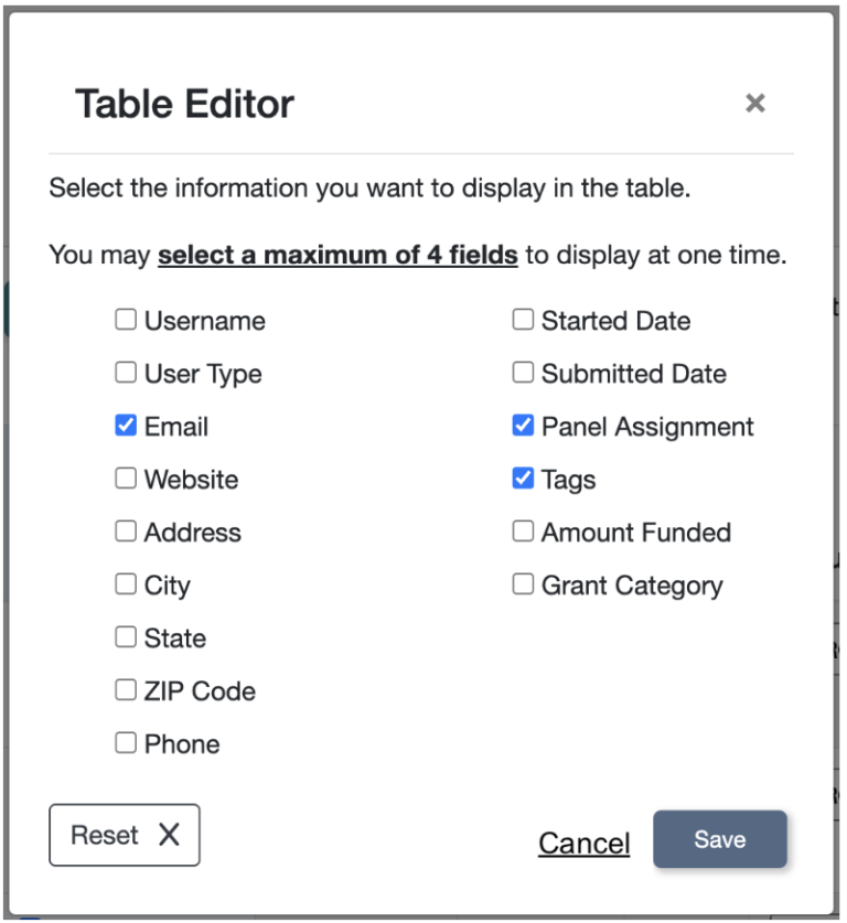 Table Editor list on the new grant manager dashboard.